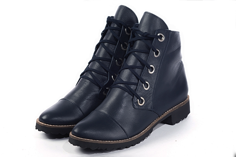 Navy blue women's ankle boots with laces at the front. Round toe. Flat rubber soles. Front view - Florence KOOIJMAN